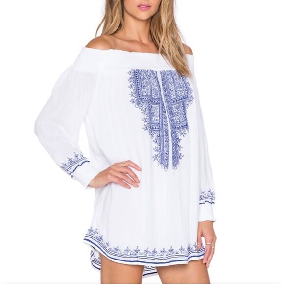 Tularosa Jacqueline Blue Embroidered Tunic Off shoulder Mini Dress White Size S - Picture 1 of 9